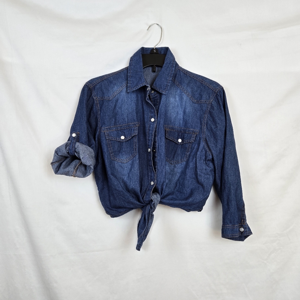 Denim Tie-Front Crop Shirt - Blue